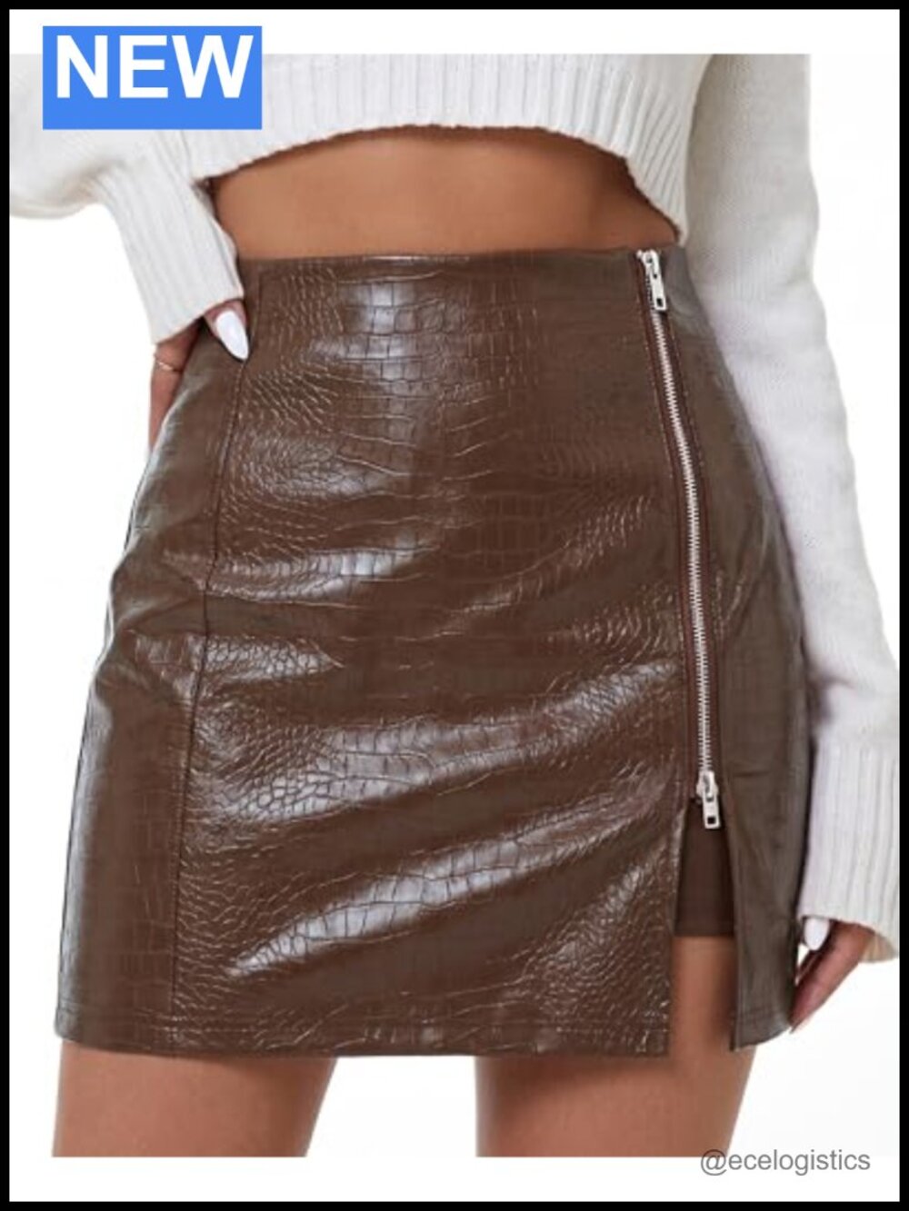 Women's Faux Leather High Waisted Bodycon Mini Skirt with Zipper Slit